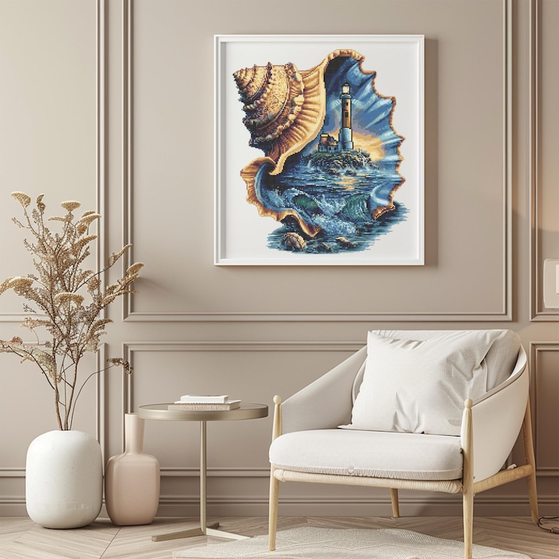 May include: A framed art print featuring a lighthouse scene within a seashell. The artwork depicts a lighthouse on a rocky island, surrounded by ocean waves, with a blue and yellow color palette. The seashell is detailed with brown and tan hues.