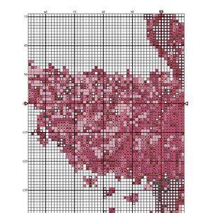 May include: A cross-stitch pattern featuring a pink and white floral design. The pattern is in a grid format and includes various shades of pink and white.