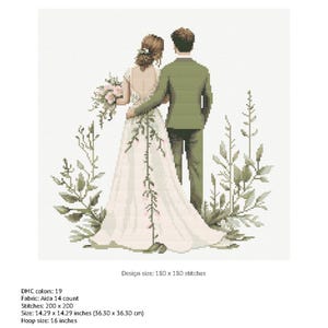 May include: A cross-stitch pattern of a bride and groom in white and green, standing in a garden setting. The design size is 180 x 180 stitches, and the finished size is 14.29 x 14.29 inches (36.30 x 36.30 cm).