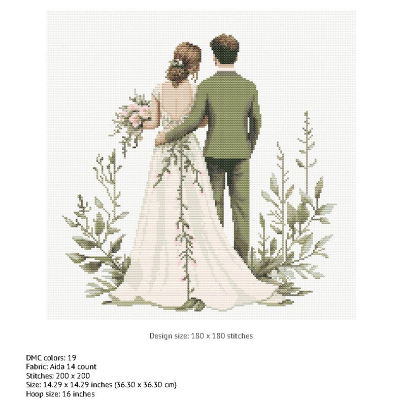 May include: A cross-stitch pattern of a bride and groom in white and green, standing in a garden setting. The design size is 180 x 180 stitches, and the finished size is 14.29 x 14.29 inches (36.30 x 36.30 cm).