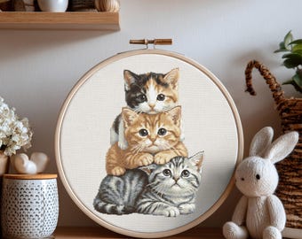 Cat Cross Stitch Pattern Instant PDF Download-Three Cats on Top of Each Other Watercolor Cross Stitch Hand Embroidery Kittens Animal Pattern