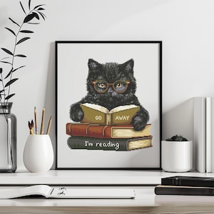 Cat Cross Stitch Pattern Instant PDF Download - Reading Cat Watercolor Cross Stitch Hand Embroidery  Funny Black Cat Animal and Text Pattern