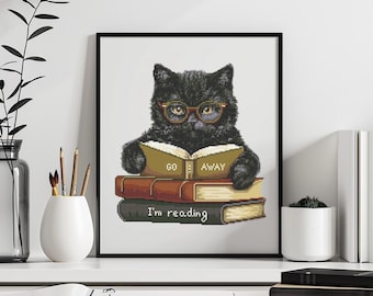 Cat Cross Stitch Pattern Instant PDF Download - Reading Cat Watercolor Cross Stitch Hand Embroidery  Funny Black Cat Animal and Text Pattern