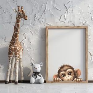 May include: A wooden giraffe toy stands next to a white teddy bear with a black bow. A framed print features a cartoon monkey peeking over the bottom edge. The background is a textured white wall.