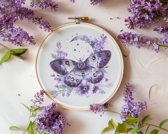 Butterfly Cross Stitch Pattern Instant PDF Download - Purple Night Butterfly Watercolor Cross Stitch Hand Embroidery Moth and Mystical Moon