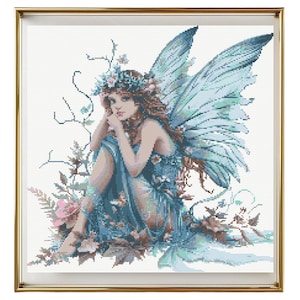 Fairy Cross Stitch Pattern Instant PDF Download - Blue Fairy Watercolor Cross Stitch Hand Embroidery Butterfly Fantasy Fairy