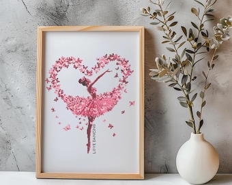 May include: A framed print of a ballerina dancing in a pink tutu, surrounded by pink butterflies in the shape of a heart. The print has the text "LOVE DANCING" at the bottom.