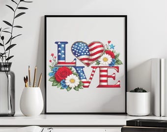 アメリカ国旗クロスステッチパターン（PDF即時ダウンロード） - ラブUSA水彩クロスステッチ手刺繍アメリカ国旗7月4日パターン