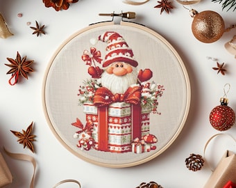 Gnome Cross Stitch Pattern Instant PDF Download - Gnome with Present Watercolor Cross Stitch Hand Embroidery Christmas Winter Pattern
