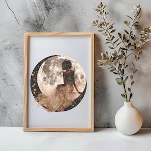 Moon Cross Stitch Pattern Instant PDF Download - Moon Girl Watercolor Cross Stitch Hand Embroidery Fantasy Fairy Woman on Moon Pattern
