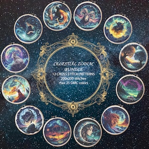 May include: A set of 12 celestial zodiac cross stitch patterns. Each pattern is framed in a gold hoop and features a different zodiac sign with a starry night background. The text "CELESTIAL ZODIAC BUNDLE 12 CROSS STITCH PATTERNS 200x200 stitches max 25 DMC colours" is displayed in the centre.