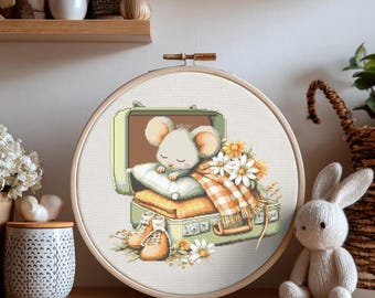 Mouse Cross Stitch Pattern Instant PDF Download - Mouse in a Suitcase Watercolor Cross Stitch Hand Embroidery Sleeping Field Mouse Pattern