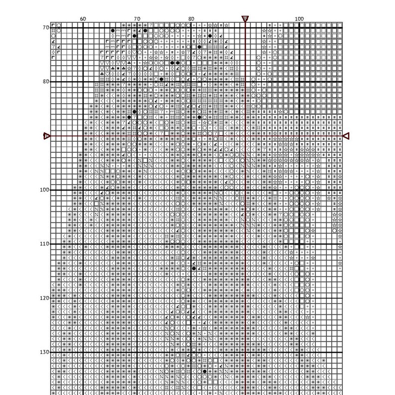 May include: Black and white cross stitch pattern chart with a detailed design of a woman's face. The chart is divided into squares with black dots indicating where to stitch.