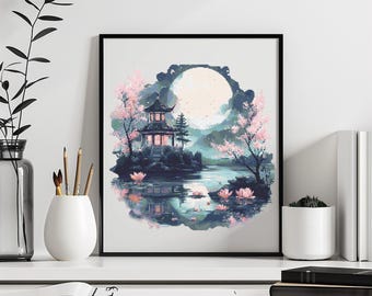 Mountain Cross Stitch Pattern Instant PDF Download - Mountain Sunset Watercolor Cross Stitch Hand Embroidery Cherry Blossom Tree Landscape