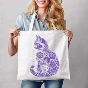 Patrón de gato para punto de cruz, descarga instantánea en PDF - Gato morado de porcelana, acuarela, punto de cruz, bordado a mano, patrón floral de gato.