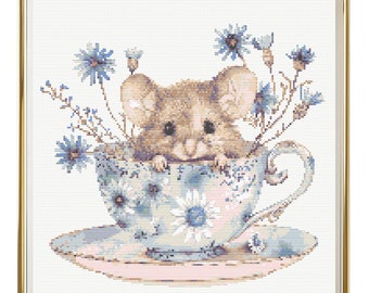 Mouse Cross Stitch Pattern Instant PDF Download - Mouse in a Cup Watercolor Cross Stitch Hand Embroidery Spring Field Mouse Flower Tea Cup