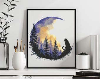 Cat Cross Stitch Pattern Instant PDF Download - Moon and cat Watercolor Cross Stitch Hand Embroidery Black Cat and Forest Nature Landscape