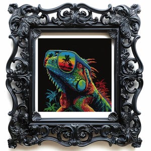 May include: A framed art print featuring a colorful iguana wearing sunglasses. The sunglasses reflect a tropical sunset scene. The iguana is rendered in vibrant hues of blue, green, red, and yellow. The black frame has ornate detailing.
