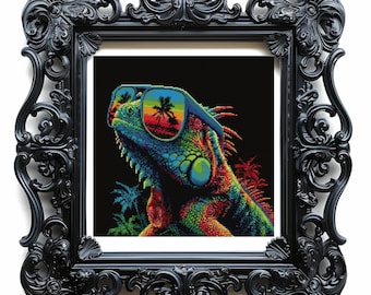 Lizard Cross Stitch Pattern Instant PDF Download - Chameleon Lizard Watercolor Cross Stitch Hand Embroidery Animal Colorful  Reptile Pattern