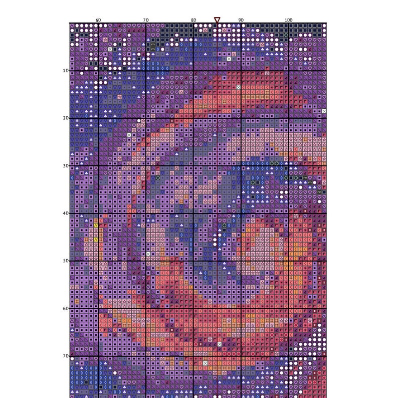 May include: A digital painting of a colorful abstract design with shades of purple, pink, orange, and blue. The design is made up of small squares and circles.