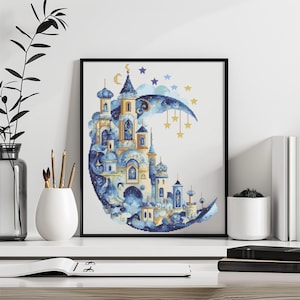 Kasteel kruissteekpatroon Instant pdf-download - maan en kasteel aquarel kruissteek handborduurwerk blauw Fantasy Caslte-patroon