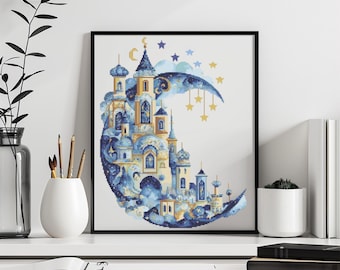 Patrón de punto de cruz de castillo Descarga instantánea en PDF - Luna y castillo Acuarela Punto de cruz Bordado a mano Patrón de castillo de fantasía azul