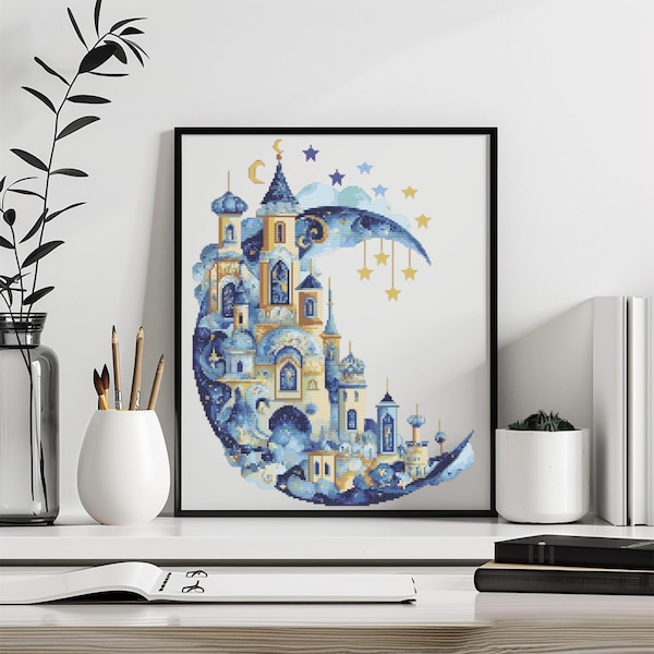 Castle Cross Stitch Pattern Instant PDF Download - Moon and Castle Watercolor Cross Stitch Hand Embroidery Blue Fantasy Caslte Pattern