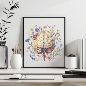 Patrón de punto de cruz cerebral Descarga instantánea en PDF - Cerebro y flores silvestres acuarela punto de cruz bordado a mano flor anatomía patrón cerebral