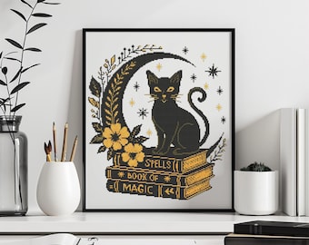Cat Cross Stitch Pattern Instant PDF Download - Magic Black Cat Watercolor Cross Stitch Hand Embroidery Halloween Witchcraft Spooky Pattern
