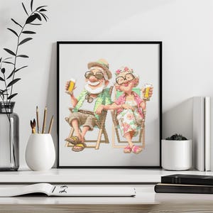 Peut inclure: Impression encadrée d'un couple de personnes âgées buvant des boissons dans des chaises longues. L'homme porte un chapeau, des lunettes de soleil et une chemise verte. La femme porte une robe à fleurs et des lunettes. Ils tiennent tous les deux des verres de bière.
