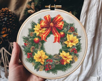 Wreath Cross Stitch Pattern Instant PDF Download - Christmas Wreath Watercolor Cross Stitch Hand Embroidery Christmas Winter Pattern