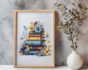 Book Cross Stitch Pattern Instant PDF Download - Books and Wildflowers 2 Watercolor Cross Stitch Hand Embroidery  Floral Book Lovers Pattern