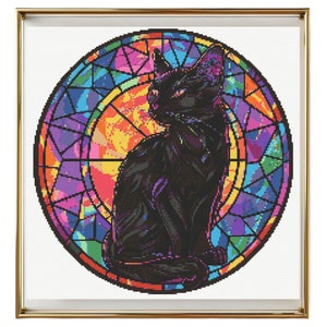 May include: A black cat sitting inside a colorful stained glass circle. The glass is made up of many different colors, including red, orange, yellow, green, blue, purple, and pink.
