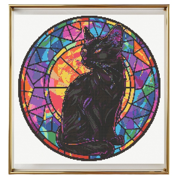 Stained Glass Cross Stitch Pattern Instant PDF Download - Stained Glass Black Cat Watercolor Cross Stitch Hand Embroidery Colorful Animal