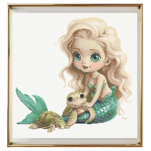 Mermaid Cross Stitch Pattern Instant PDF Download - Girl Mermaid Watercolor Cross Stitch Hand Embroidery Mermaid with Turtles Kids Room