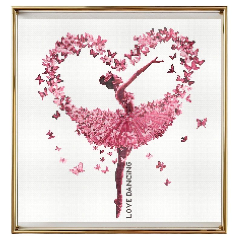 May include: A pink ballerina dances in a heart shape formed by pink butterflies. The ballerina's skirt is made of butterflies. The text "LOVE DANCING" is written vertically on the right side of the image.