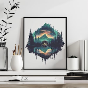 May include: A digital painting depicting a mountain range reflected in a lake. The mountains are green and blue, with a sunset sky behind them. The lake is dark blue, with a star in the centre.