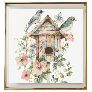 Birdhouse Cross Stitch Pattern Instant PDF Download - Floral Birdhouse  Watercolor Cross Stitch Hand Embroidery Birds