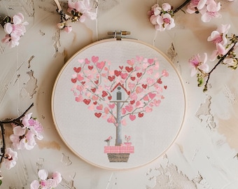 Tree Cross Stitch Pattern Instant PDF Download - Heart Tree Watercolor Cross Stitch Hand Embroidery Tree of Love Valentine's Day