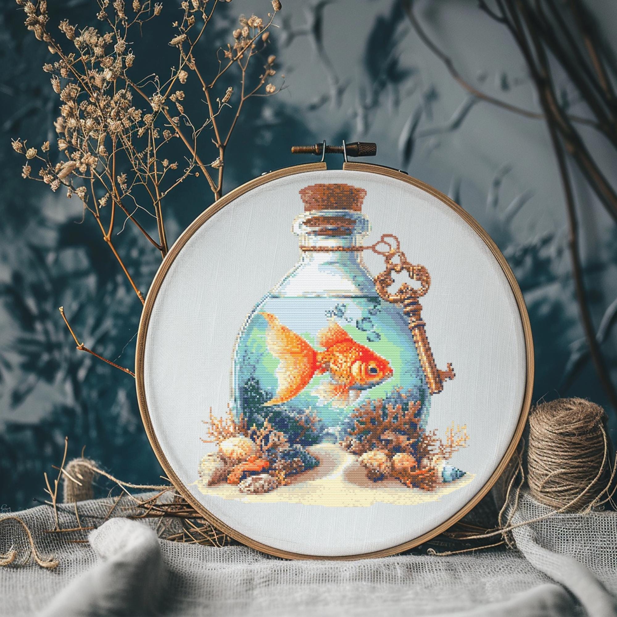 Fish Cross Stitch Pattern Instant PDF Download - Golden Fish in Bottle ...