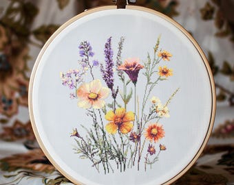 Patrón de punto de cruz de flores silvestres Descarga instantánea en PDF - Patrón de flores silvestres para punto de cruz con acuarela y bordado a mano