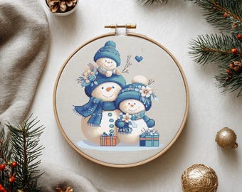 Snowman Cross Stitch Pattern Instant PDF Download - Snowman family Watercolor Cross Stitch Hand Embroidery Christmas Holiday Winter Pattern