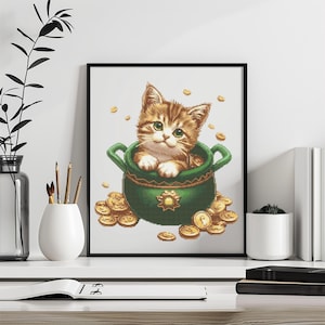 Cat Cross Stitch Pattern Instant PDF Download - Cat in Cauldron Watercolor Cross Stitch Hand Embroidery Money Pot Patrick's Day Pattern