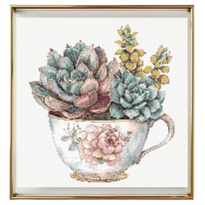 Sukkulenten Kreuzstich Muster Sofort PDF Download - Sukkulenten in der Tasse Aquarell Kreuzstich Handstickerei in Vintage Teetasse