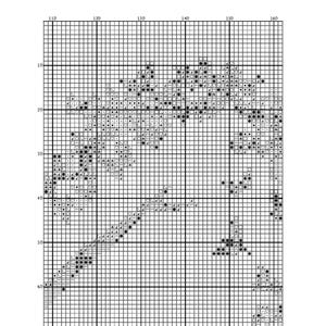 May include: Black and white cross stitch pattern with a floral design. The pattern is on a white grid with black squares.