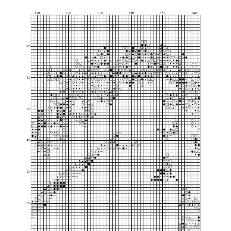 May include: Black and white cross stitch pattern with a floral design. The pattern is on a white grid with black squares.
