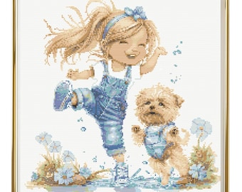 Girl Cross Stitch Pattern Instant PDF Download - Girl with Dog Watercolor Cross Stitch Hand Embroidery Blue Flowers