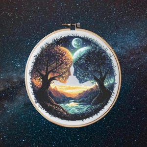 May include: Embroidered hoop art featuring two trees forming a silhouette of two faces, one with a sunset background and the other with a starry night background. The trees are surrounded by a landscape with a river and mountains.