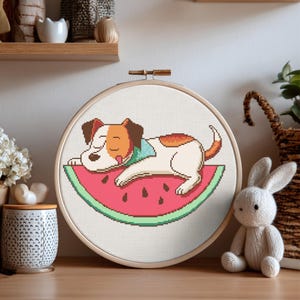 Dog Cross Stitch Pattern Instant PDF Download - Dog on Watermelon Gnome Watercolor Cross Stitch Hand Embroidery Animal Fruit Summer Pattern
