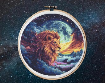 Modèle de point de croix Lion téléchargement PDF instantané - Lion coucher de soleil aquarelle point de croix broderie zodiaque astrologie céleste motif